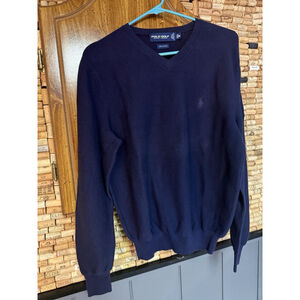 Vintage Polo Golf Ralph Lauren Knit Sweater Navy Logo V Neck Cotton Size M Club